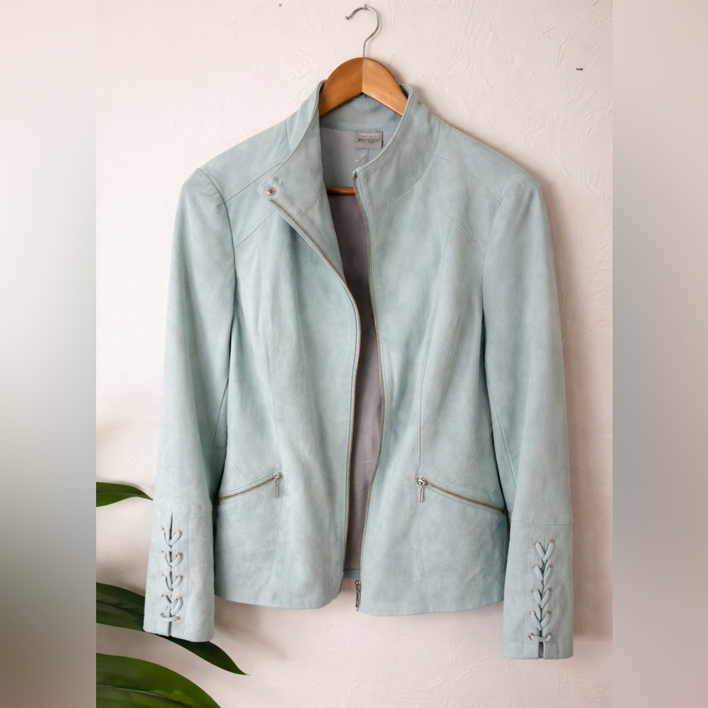 🧥 Chico’s Faux Suede Moto Jacket – Mint / Seafoam